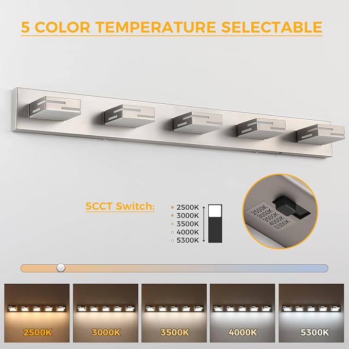 5-Light 5CCT Modern Bathroom Vanity Light Fixtures, 40-Inch 350° Rotatable LED Vanity Lights Over Mirror, Dimmable Brushed Nickel Wall Sconce with Frosted Acrylic Shade