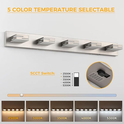 5-Light 5CCT Modern Bathroom Vanity Light Fixtures, 40-Inch 350° Rotatable LED Vanity Lights Over Mirror, Dimmable Brushed Nickel Wall Sconce with Frosted Acrylic Shade