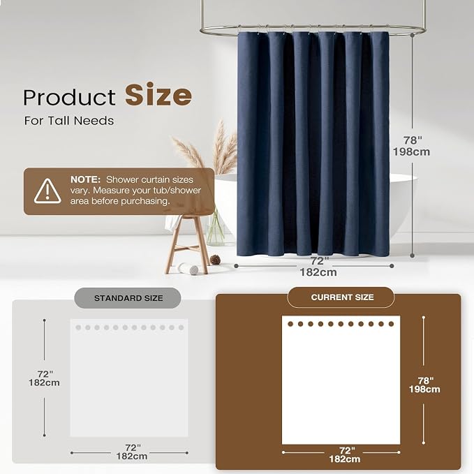 BTTN 72x78 Long 3 in 1 Linen Texture Shower Curtain with Liner, Navy Blue | Tall Size, 230GSM Heavy Duty Polyester, Waterproof Clear Liner, Weighted Hem, 12 Plastic Hooks, Hotel Style, Machine Washable
