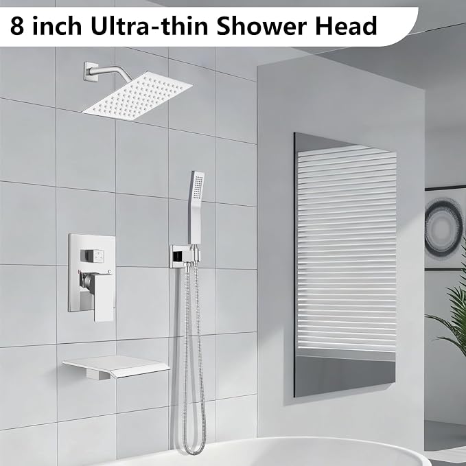 Midanya Shower System with Tub Spout,8 Inch Shower Head,Polish Chrome | with Valve & Trim Kit,Square Rain Head,Handheld Sprayer,Waterfall Spout,All Metal Wall Mount Bathroom Shower Tub Faucet Set