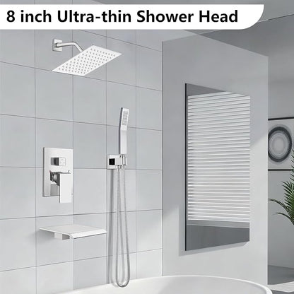 Midanya Shower System with Tub Spout,8 Inch Shower Head,Polish Chrome | with Valve & Trim Kit,Square Rain Head,Handheld Sprayer,Waterfall Spout,All Metal Wall Mount Bathroom Shower Tub Faucet Set