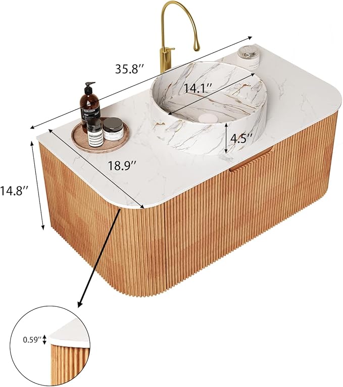 Yayzy 36" Floating Bathroom Vanity with Sink, Solid Wood Fluted Cabinet, White Marble-Patterned Ceramic Basin & Faux Marble Top, Soft-Close Drawer, Pre-Assembled, Natural Woodgrain