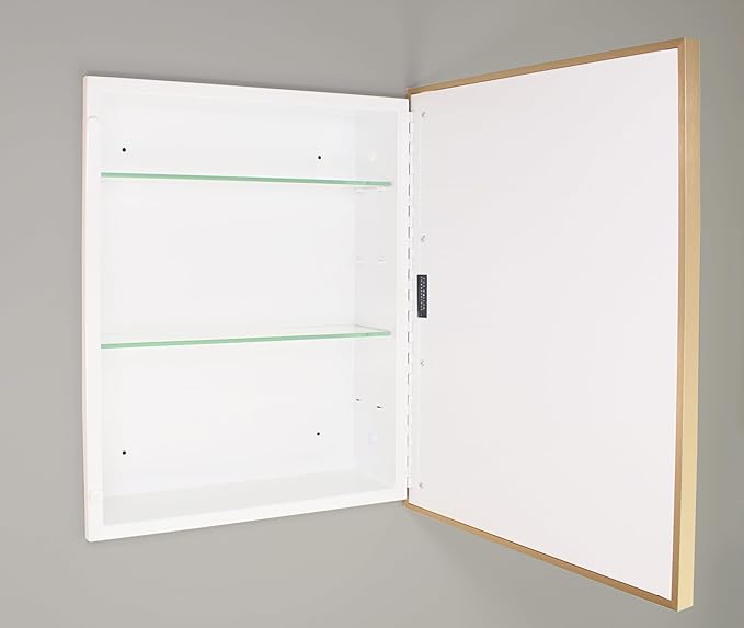 Fox Hollow Furnishings 16x20 Parker Metro Metal Framed Rectangle Recessed Bathroom Medicine Cabinet, Floating Mirror, 14x24 in-Wall Opening, Steel, Adjustable Glass Shelves, Magnet Close, Gold