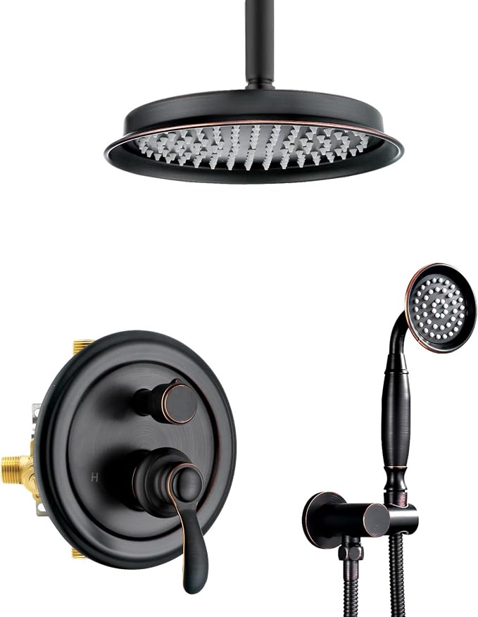 Antique Faucet Shower System with Handheld Spray | Oil Rubbed Bronze Finish, Multi-layer Plating, Vintage Rainfall, 2 Way Diverter Brass Valve, Ceiling Mount Easy Install