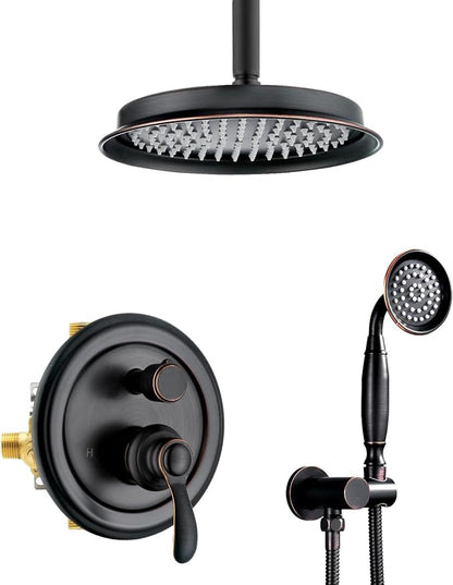 Antique Faucet Shower System with Handheld Spray | Oil Rubbed Bronze Finish, Multi-layer Plating, Vintage Rainfall, 2 Way Diverter Brass Valve, Ceiling Mount Easy Install