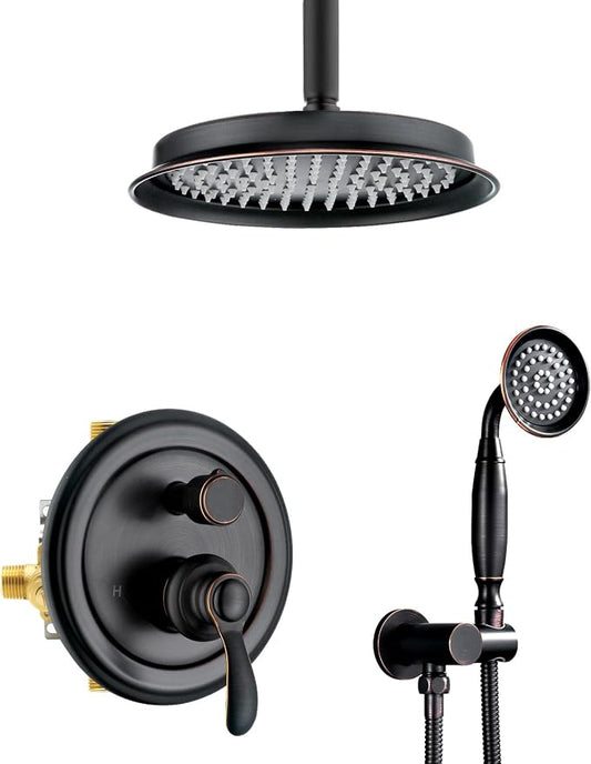 Antique Faucet Shower System with Handheld Spray | Oil Rubbed Bronze Finish, Multi-layer Plating, Vintage Rainfall, 2 Way Diverter Brass Valve, Ceiling Mount Easy Install