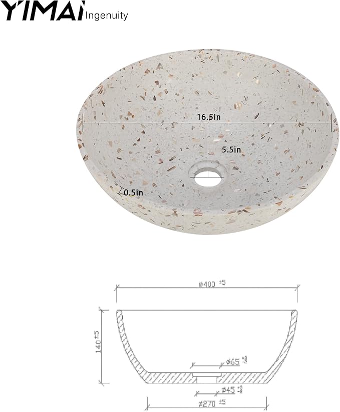 YIMAI Terrazzo Vessel Sink with Faucet and Drain, 15.7" Round Concrete Bathroom Sink Above Counter, Modern Artisanal Wash Basin Bowl with Matte Finish, Easy Install Combo Set for Vanity