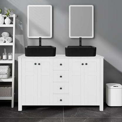 48-inch White Bathroom Vanity with Marble Texture Top and 4 Drawers, Modern Standing Pedestal Cabinet with Two Black Ceramic Vessel Sinks