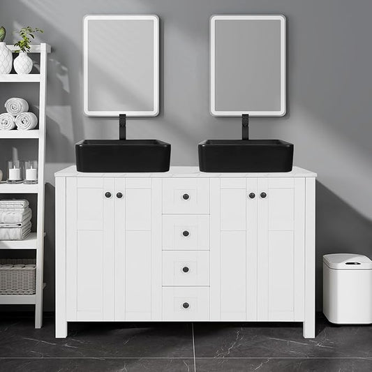 48-inch White Bathroom Vanity with Marble Texture Top and 4 Drawers, Modern Standing Pedestal Cabinet with Two Black Ceramic Vessel Sinks
