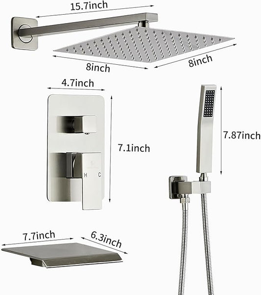 Brushed Nickel Rainfall Shower Head 8 Inch Set Faucet with Tub Spout and Handle System Square Wall Mount for Bathroom