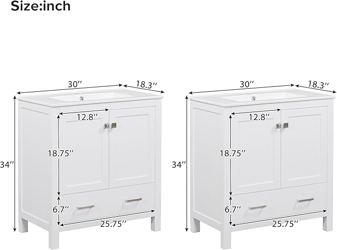 60" White Bathroom Vanity with Double Sink, 60 Inch Bathroom Vanity Set with Double Vanities (Separate), 2 Bathroom Vanities with Sink, Storage Shelf, and Divided Drawers (Mirror not included)
