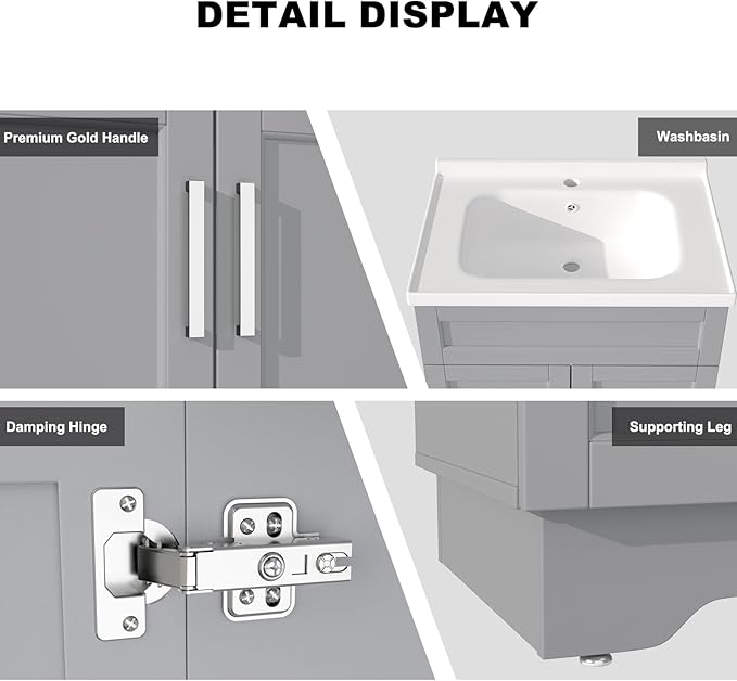 OLD CAPTAIN Double Door Bathroom Vanity with 24 Inch Sink, Quick Assembly Cabinet, White & Grey