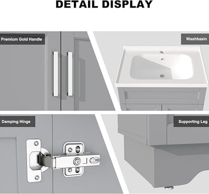 OLD CAPTAIN Double Door Bathroom Vanity with 24 Inch Sink, Quick Assembly Cabinet, White & Grey