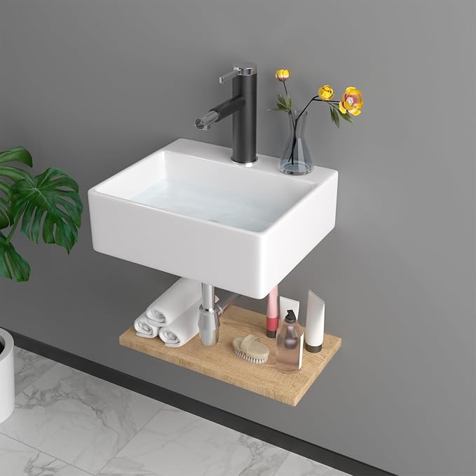 13 Inch Wall Mounted Bathroom Sink, White 13" x 11" Compact Ceramic Wall Mount Vessel Sink Basin, Rectangular Small Bathroom Sink for Powder Room, RV, Apartment, Guest Bathroom