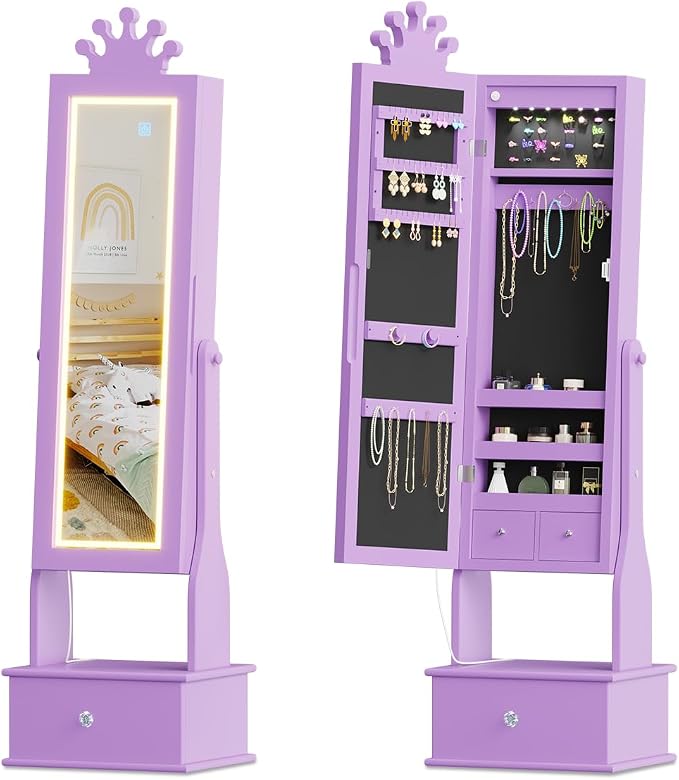 GarveeHome Kids Jewelry Armoire,Child Jewelry Cabinet with Led Light,Freestanding Jewelry Organizer with Full-Length Mirror,3 Storage Drawers,Kids Vanity Dress Up Mirror Cabinet for Girls（Purple）