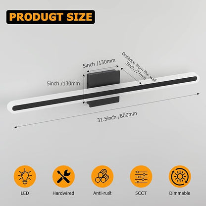 Modern Black Vanity Lights for Bathroom 5CCT Dimmable LED Light Bar | Bathroom Above Mirror Vanity Lighting, 31.5 Inch 24W