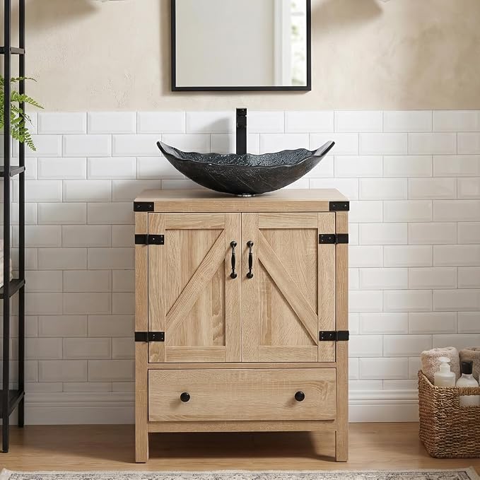 24 inch Natural Color Bathroom Vanity, Rustic Fixture Standing Pedestal Cabinet with Silver Leaf Sink