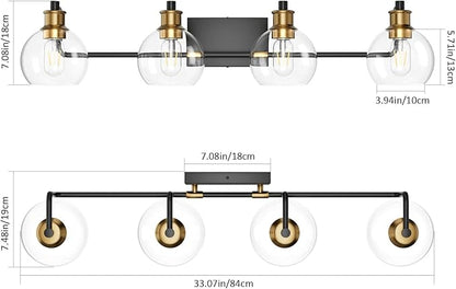 Tipace Industrial Bathroom Vanity Lighting Fixtures 4-Lights Vintage Black & Brass Finish with Globe Clear Glass Vanity Lights Farmhouse Bath Lighting(Exclude Bulb)