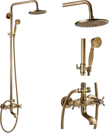 gotonovo Exposed Bathroom Shower Faucet Wall Mounted Shower System 8 Inch Shower Head and Tub Spout Double Cross Handles Adjustable Handheld Sprayer Straight Pipe Antique Brass
