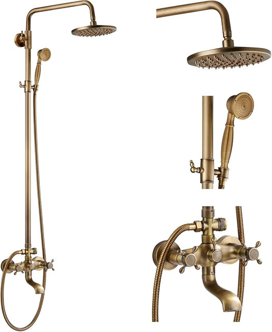 gotonovo Exposed Bathroom Shower Faucet Wall Mounted Shower System 8 Inch Shower Head and Tub Spout Double Cross Handles Adjustable Handheld Sprayer Straight Pipe Antique Brass