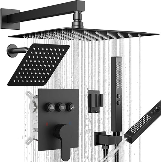Shower Faucet Set Matte Black Shower System,STARBATH Push Button Diverter Shower Set with 2 in 1 Handheld,Can Use All at Once, 12 Inch Rainfall Shower and 6 Inch Wall Mount Shower Head