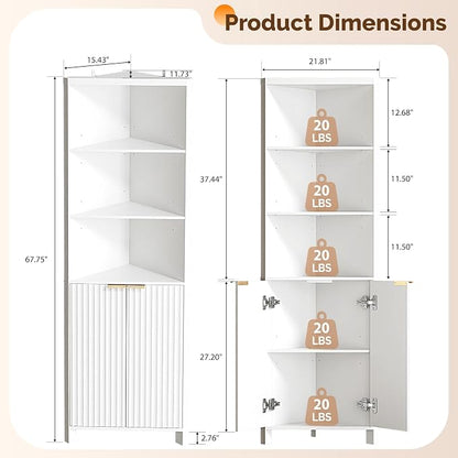 VINGLI Tall Corner Cabinet with Fluted Doors, 68" White Corner Storage Cabinet with Adjustable Shelves, Freestanding Wood Corner Bookshelf for Bathroom, Living Room & Kitchen, Space-Saving