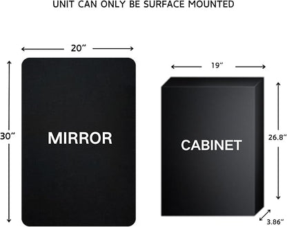 TEHOME Surface Mount 20x30'' Black Bathroom Medicine Cabinet with Mirror Matt Black Metal Framed Rounded Rectangle Medicine Cabinet with Beveled Mirror 4 Adjustable Glass Shelves