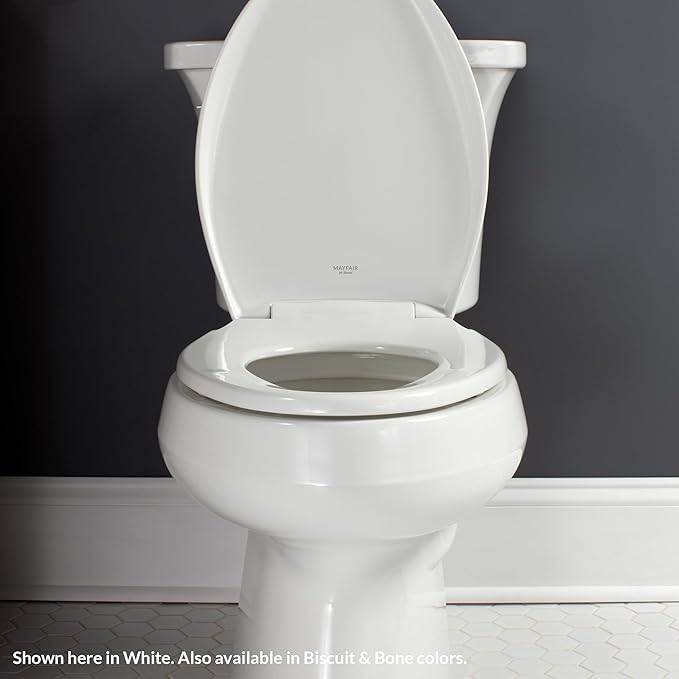 Mayfair Aurora Slow Close Toilet Seat, Easy Clean Hinges and Adjustable Perfect Fit Plastic Seat, Made in USA, Elongated, Biscuit