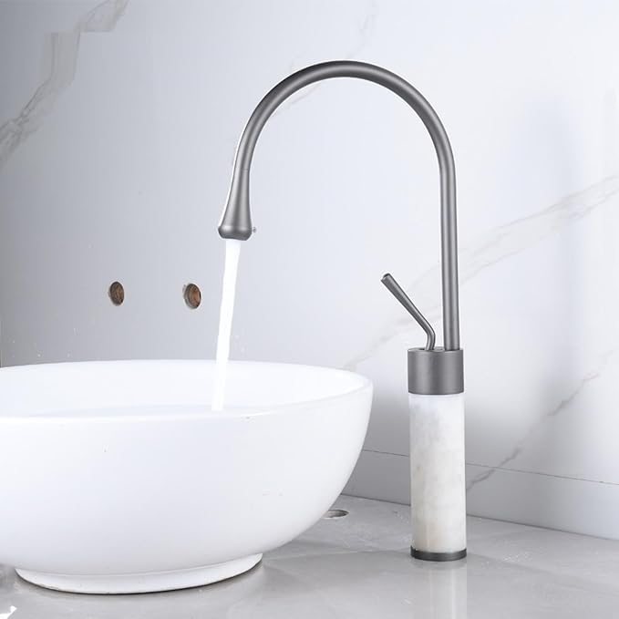Premium Gold Brass & Marble Bathroom Faucet Hot & Cold Water Mixer Swivel Sink Tap Elegant Design for Modern Vanities Durable Copper Construction，Gray High