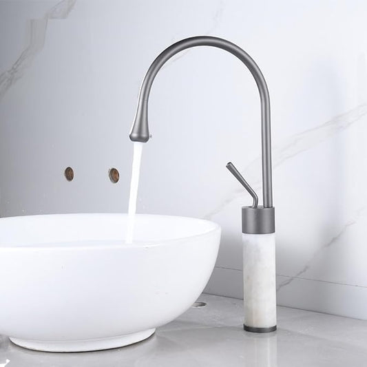 Premium Gold Brass & Marble Bathroom Faucet Hot & Cold Water Mixer Swivel Sink Tap Elegant Design for Modern Vanities Durable Copper Construction，Gray High