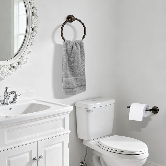 Oil Rubbed Bronze Toilet Paper Holder, Stainless Steel Towel Ring, Double Post Pivoting Toilet Paper Holder and Hand Towel Holder for Bathroom, Bathroom Hardware Accessories Set Brushed Bronze