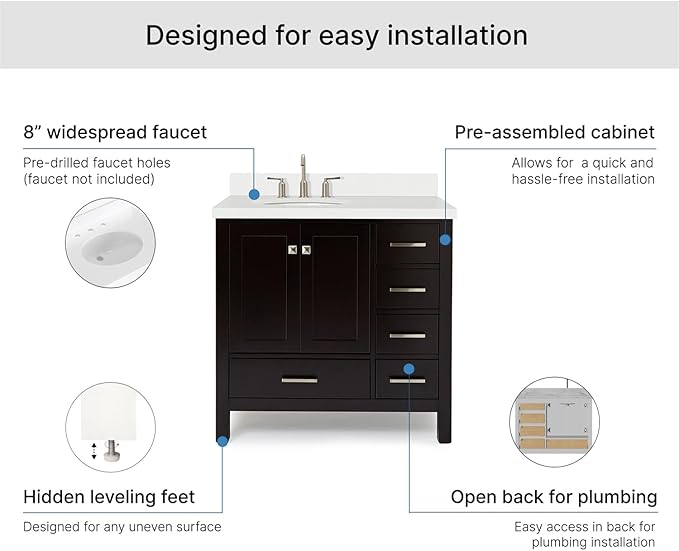 ARIEL Cambridge 36-inch Bathroom Vanity with Sink,Solid Wood, 1.5-inch Pure White Quartz Countertop & Backsplash, Single Oval Porcelain Sink, 2 Soft Closing Doors, 5 Dovetail Drawers, Espresso