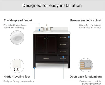 ARIEL Cambridge 36-inch Bathroom Vanity with Sink,Solid Wood, 1.5-inch Pure White Quartz Countertop & Backsplash, Single Oval Porcelain Sink, 2 Soft Closing Doors, 5 Dovetail Drawers, Espresso
