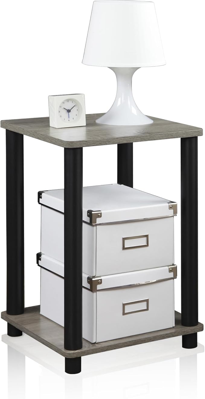 Furinno Modern Grey Side Table, 2-Tier Square Top End Table with Open Shelf, Toolless Night Stand, Bedside Table, for Living Room, Bedroom, Grey Oak