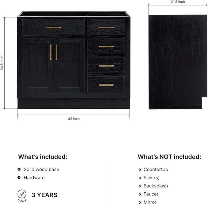 ARIEL Hepburn 42-inch Bathroom Vanity Base Cabinet,Solid Wood, 2 Soft Closing Doors, 5 Dovetail Drawers, Black Oak