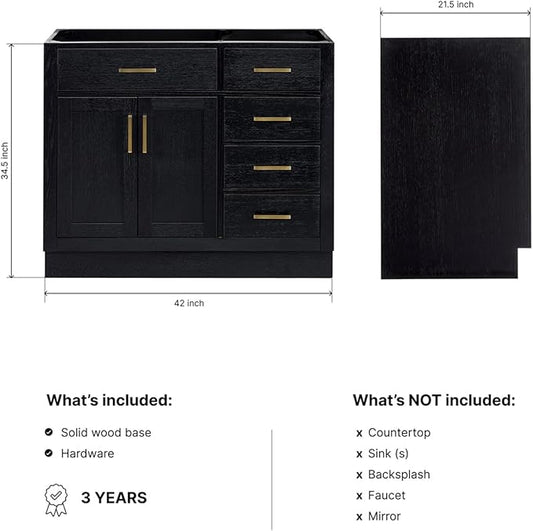 ARIEL Hepburn 42-inch Bathroom Vanity Base Cabinet,Solid Wood, 2 Soft Closing Doors, 5 Dovetail Drawers, Black Oak