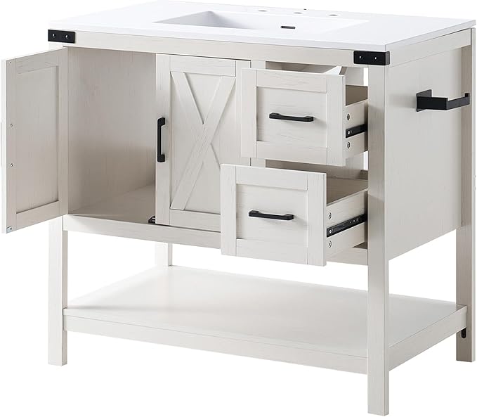 AMERLIFE 36" Farmhouse Bathroom Vanity with Sink Combo, Wood Barn Door Freestanding Small Single Bath Storage Cabinet Set with Sliding Drawers & Open Shelf, Paper Towel Holder, Antique White
