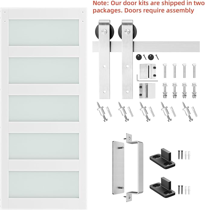 SMARTSTANDARD 38 x 84 in Glass Barn Door with 6.6FT Silver Sliding Hardware | Brushed Nickel Sliding Hardware Kit & Handle, Pre-Drilled Ready to Assemble, Waterproof PVC Coating, White, 5-Panel Glass