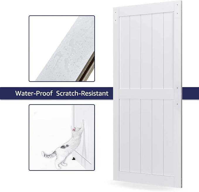 34in x 84in MDF Sliding Barn Door with 6ft Barn Door Hardware Kit & Handle | White Solid Barn Door Slab Covered with Water-Proof PVC Surface, Pre-Drilled Holes Easy Assembly, H-Frame