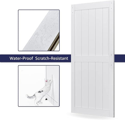 34in x 84in MDF Sliding Barn Door with 6ft Barn Door Hardware Kit & Handle | White Solid Barn Door Slab Covered with Water-Proof PVC Surface, Pre-Drilled Holes Easy Assembly, H-Frame