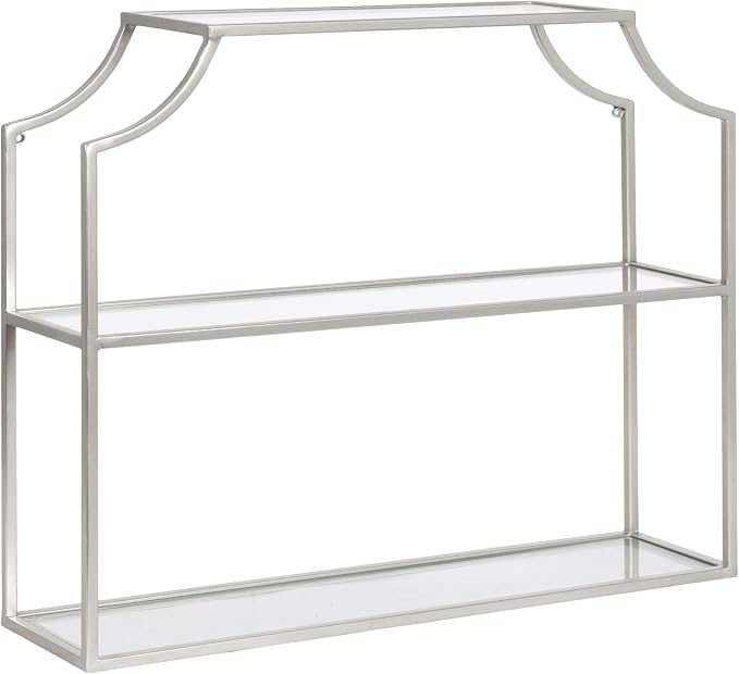 Kate and Laurel Ciel Modern Glam Wide Two-Tier Wall Shelf, 24 x 20, Silver, Tiered Bathroom Shelves for Over the Toilet Storage or Bedroom Makeup Organizer
