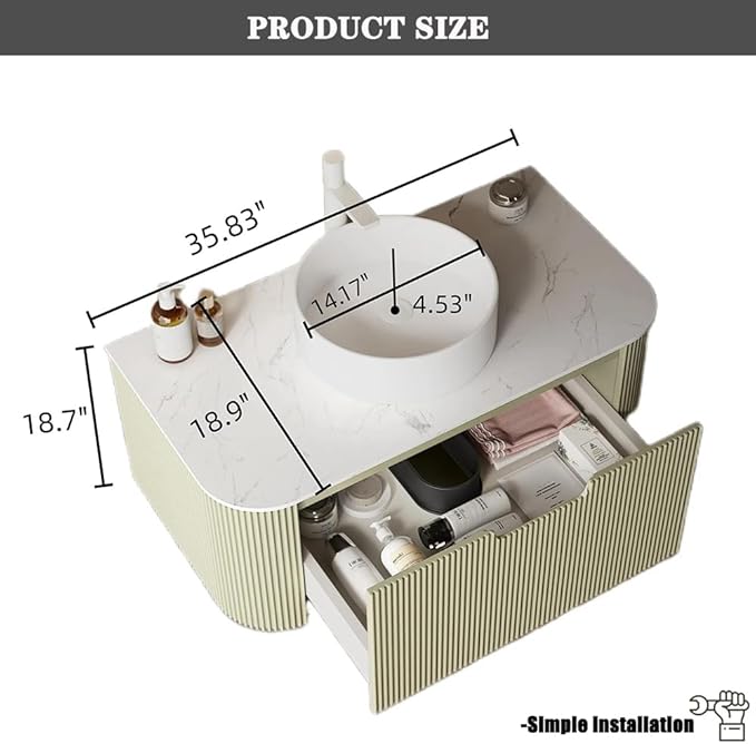 36'' Bathroom Vanities Cabinet with Sink Combo, Wall Mounted Floating Cabinet W/Curved Edges Stripes, Oak Plywood, Soft-close System with a Drawer, White Round Ceramic Basin - Kiel. Light Green