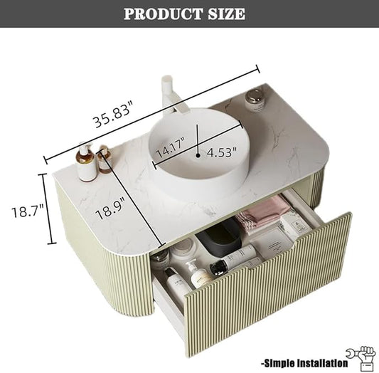 36'' Bathroom Vanities Cabinet with Sink Combo, Wall Mounted Floating Cabinet W/Curved Edges Stripes, Oak Plywood, Soft-close System with a Drawer, White Round Ceramic Basin - Kiel. Light Green