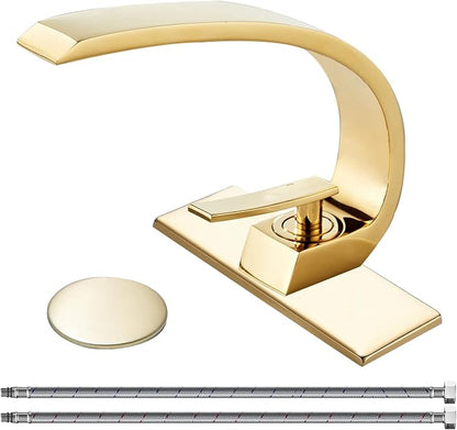 Shiny Polished Gold Bathroom Sink Faucet, Unique Design and Pop Up Drain