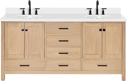 ARIEL Cambridge 72-inch Bathroom Vanity with Sink,Solid Wood, 1.5-inch Pure White Quartz Countertop & Backsplash, Double Oval Porcelain Sink, 4 Soft Closing Doors, 6 Dovetail Drawers, White Oak