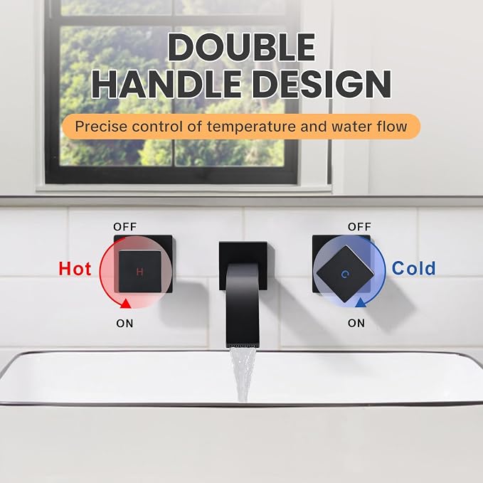 Wall-Mounted Bathroom Sink Faucet, Matte Black Bathroom Faucet | Waterfall Bathroom Faucet with Two Handles, Brass Bathroom Sink Faucet, Wall-Mounted Washroom Faucets and Rough-in Valve
