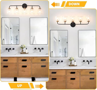 Vintage Vanity Lighting for Bathroom, Black and Gold Bathroom Vanity Light Fixtures with Clear Glass Shade, Elegant 5-Light Lighting Fixtures Over Mirror, Wall Sconce Lighting for Bedroom