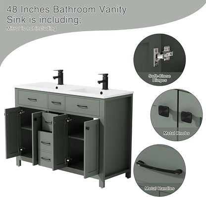 LUCKWIND 48" Bathroom Vanity with Sink Combo, Painted Modern Bathroom Storage Cabinet with Double Resin Sink, Four Doors and Three Drawers, Include Faucet Without Mirror, Green