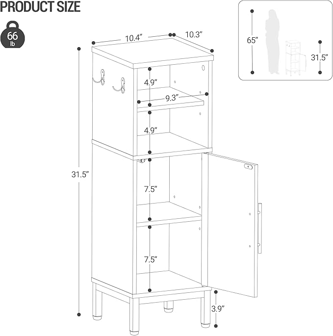 Bathroom Storage Cabinet, Corner Floor Cabinet with Door & Shelves, 2Hooks, Small Narrow Storage Organizer, Toilet Paper Cabinets for Small Space, Black SC06304GV1