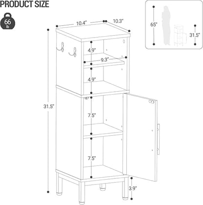 Bathroom Storage Cabinet, Corner Floor Cabinet with Door & Shelves, 2Hooks, Small Narrow Storage Organizer, Toilet Paper Cabinets for Small Space, Black SC06304GV1